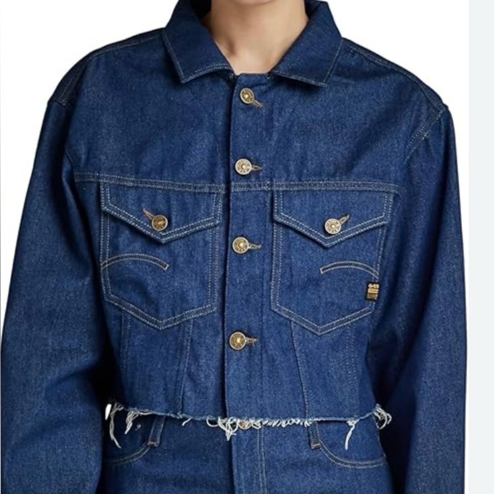 G star raw Denim Cropped Jacket with Gold Buttons